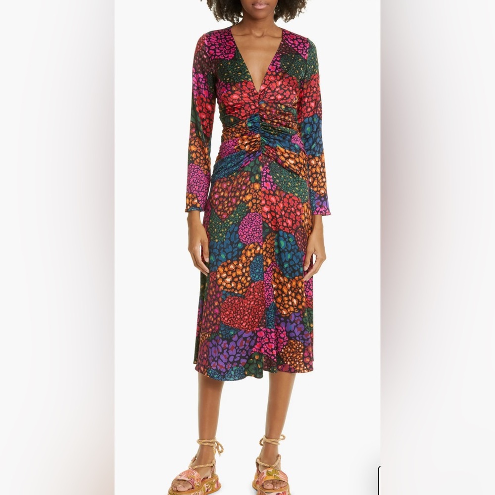 FARM Rio NWT Full of Rainbow Hearts Ruched Long Sleeve Midi Dress Size Large